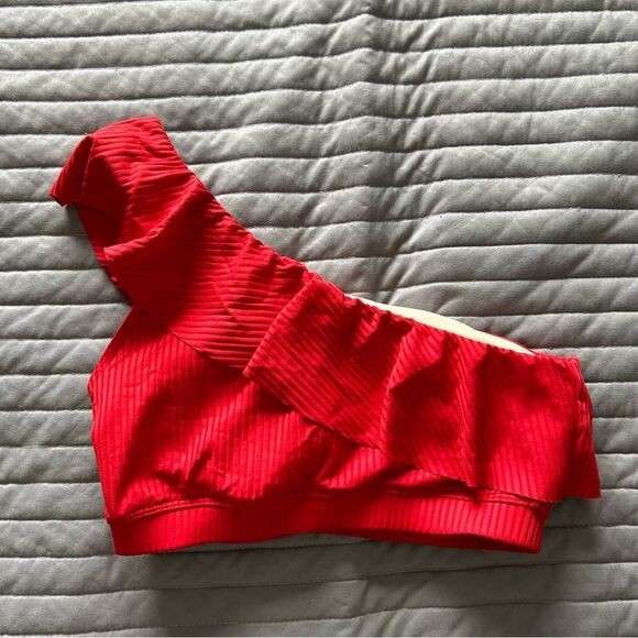 Albion Fit Icon Wave Ribbed Ruffle One Shoulder Bikini Swim Top Poppy Red Small - Picture 7 of 8
